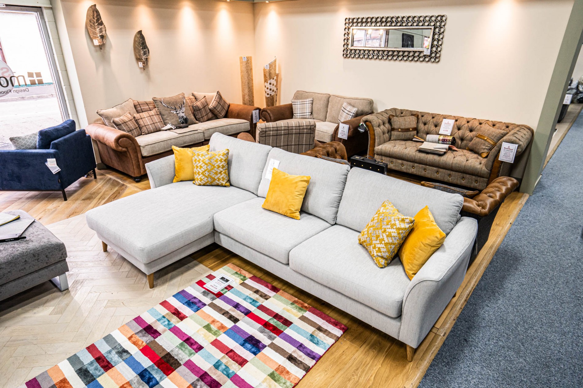 colourful sofa and carpet at perthshire flooring